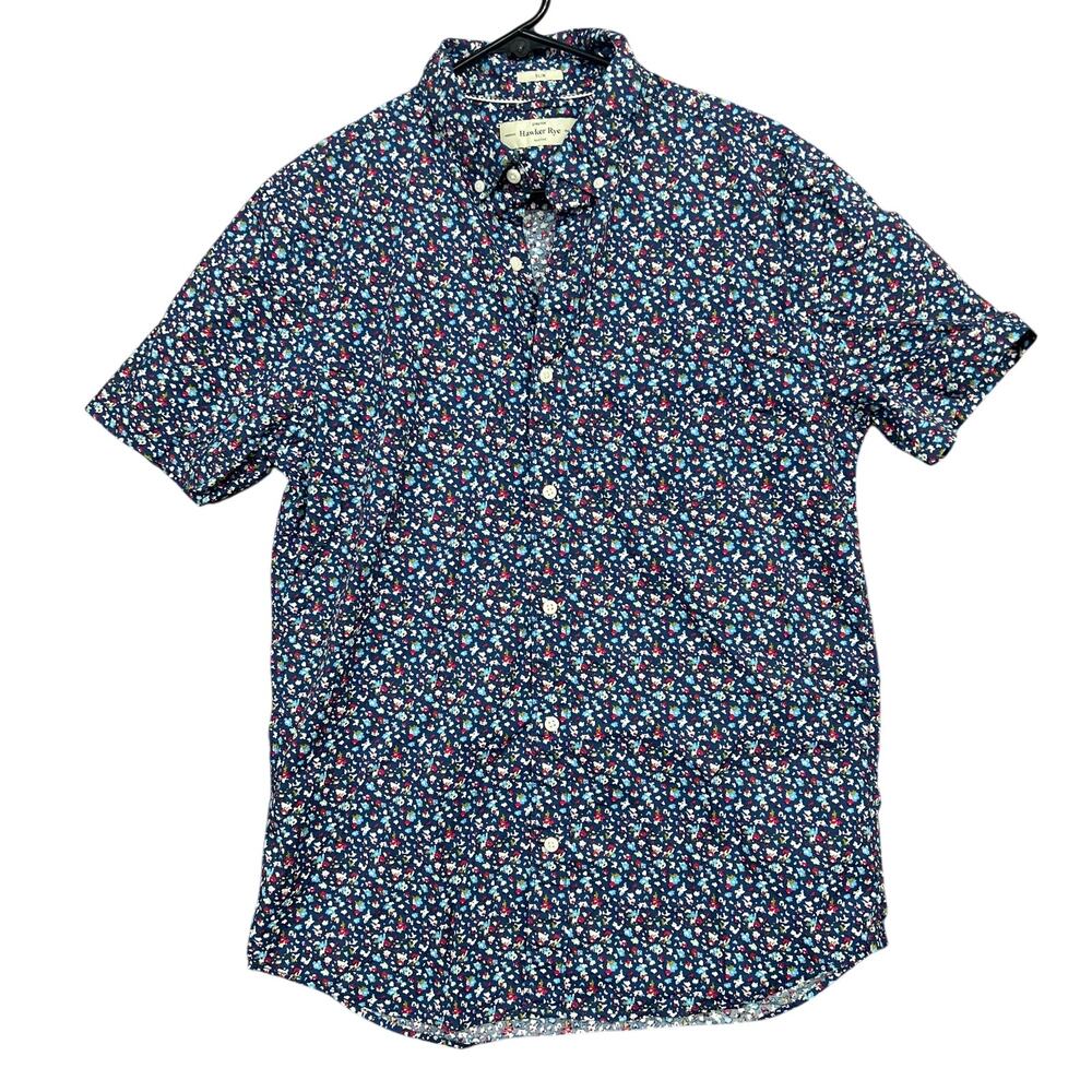 Hawker Rye Mens Shirt Blue Floral Slim Fit Short Sleeve Collared Button Down M